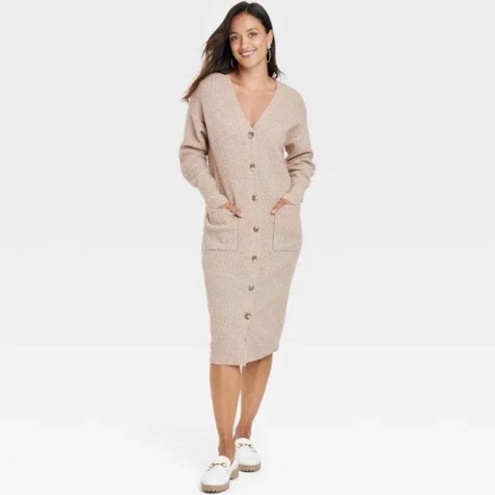 Women's A New Day Dresses Long Sleeve Button-Front Sweater Dress Oatmeal